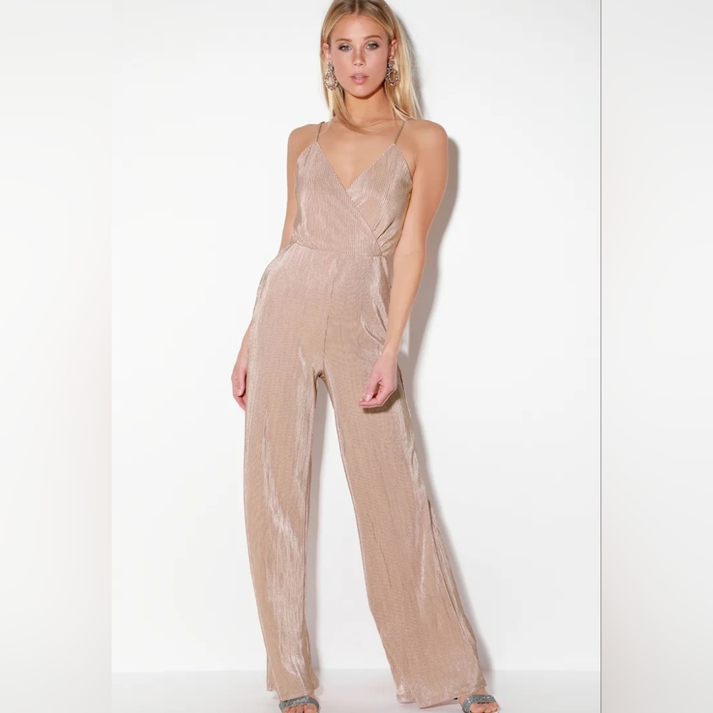 Lulu's Champagne Pleated V-Neck Jumpsuit